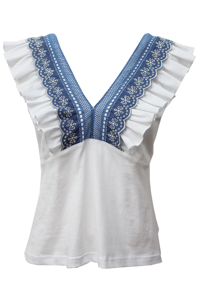 DENIM EMBROIDERED SLEEVE TOP
