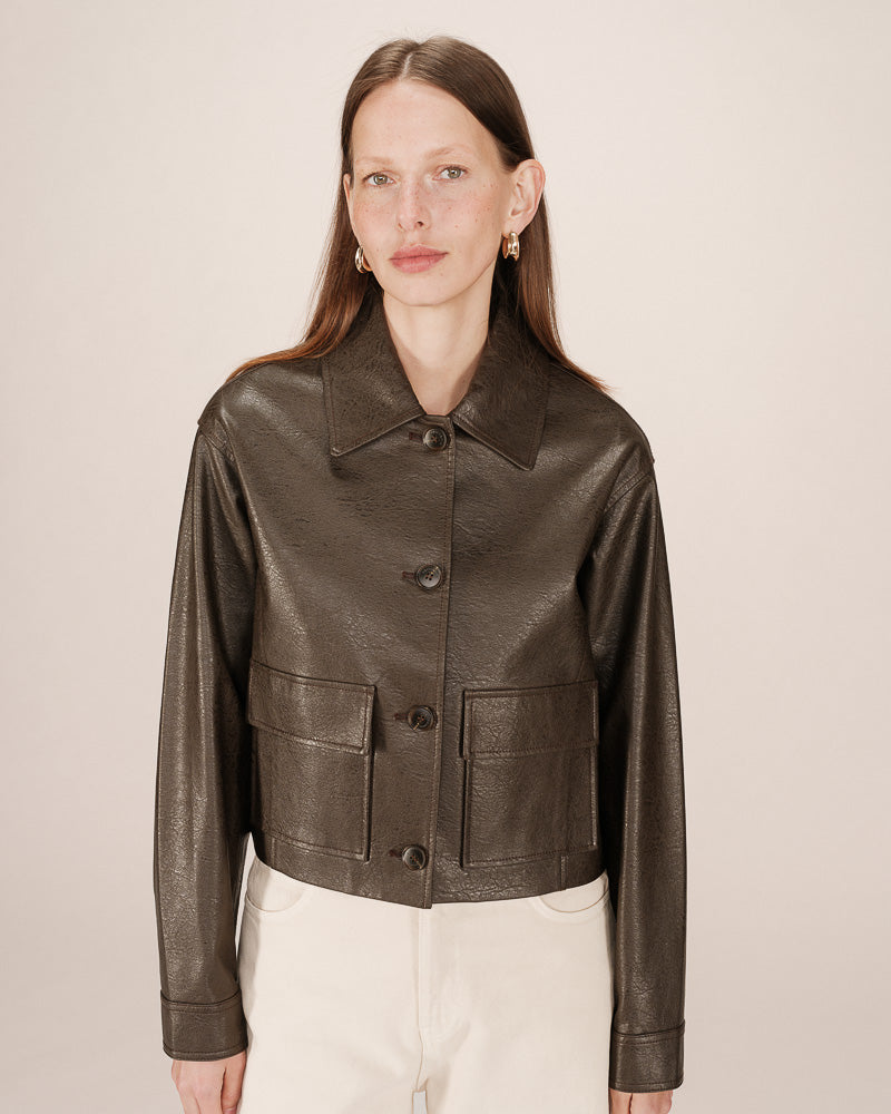 CHOCOLATE FAUX LEATHER JACKET