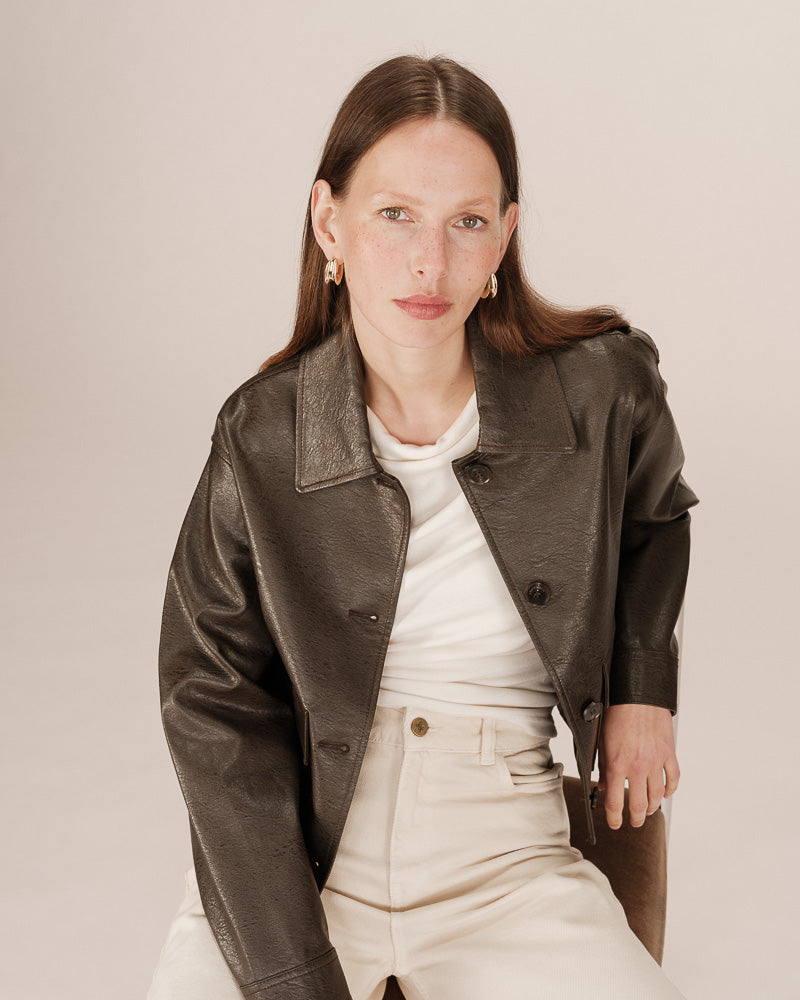 CHOCOLATE FAUX LEATHER JACKET