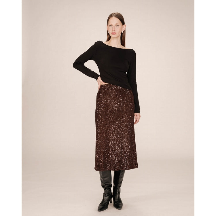 CHOCOLATE MIDI SEQUIN SKIRT
