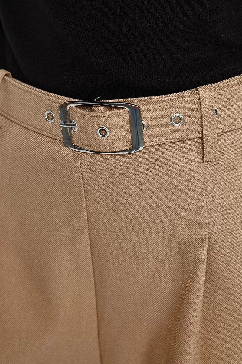 CAMEL BELTED CROP TROUSERS