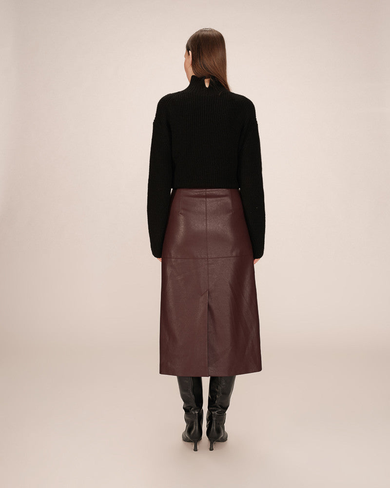 PLUM FAUX LEATHER MIDI SKIRT