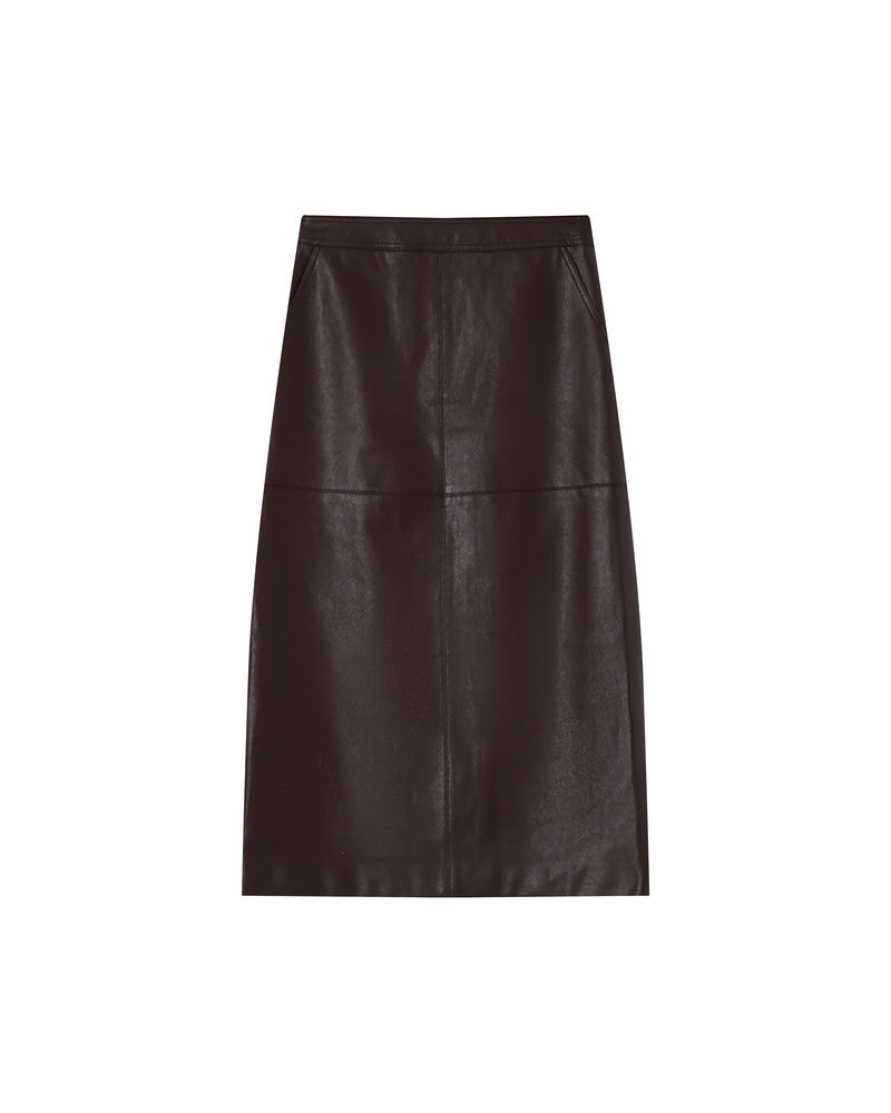 PLUM FAUX LEATHER MIDI SKIRT