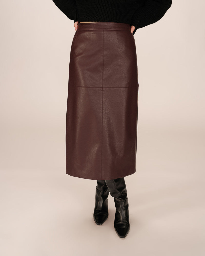 PLUM FAUX LEATHER MIDI SKIRT