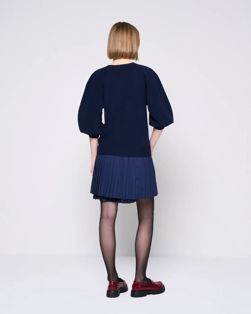 NAVY KNITTED & PLEATED DRESS