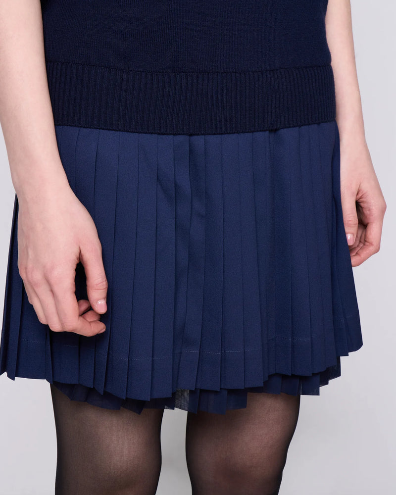 NAVY KNITTED & PLEATED DRESS