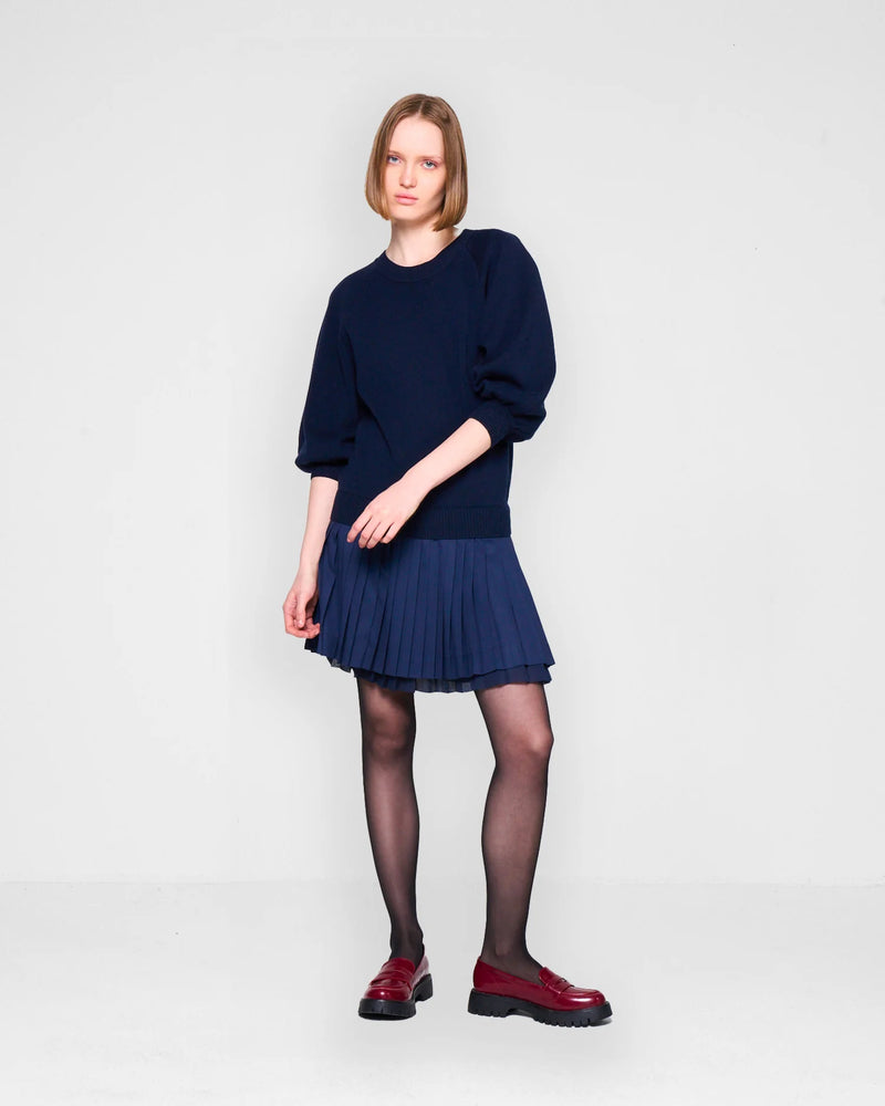 NAVY KNITTED & PLEATED DRESS