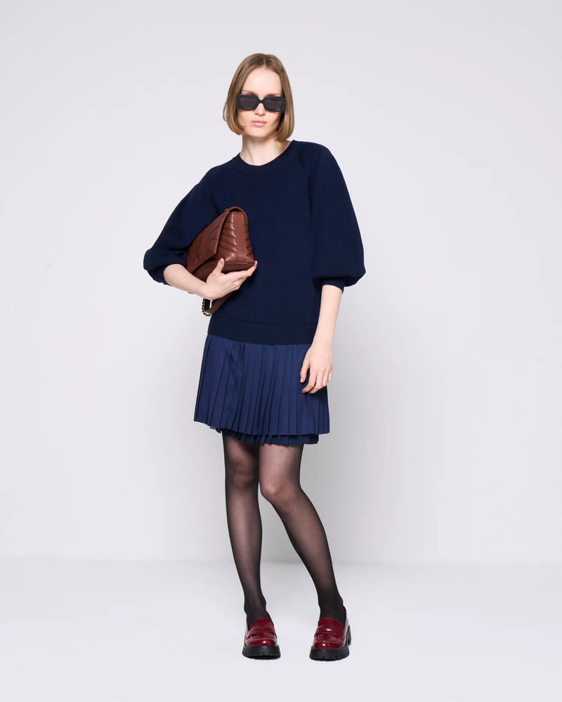 NAVY KNITTED & PLEATED DRESS